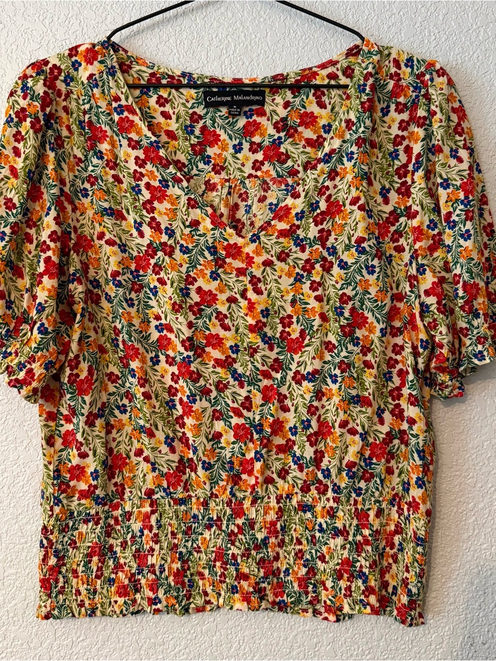 Catherine Malandrino Colorful Floral V-Neck Short Sleeve Top